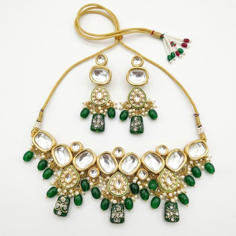 Handcrafted Emerald Green Kundan Statement Bridal Necklace Set